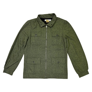 May include: Olive green jacket with a full-length zipper and four front pockets. The jacket has a collared neckline and long sleeves. The fabric has a subtle textured pattern.