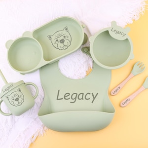 Personalised Silicone Weaning Set,Custom Baby Plate,Cartoon Weaning Set for Toddler Baby Kids,Feeding Set with Name,Baby Shower Gift