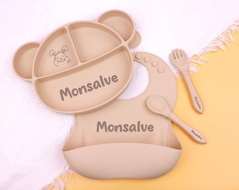 Personalised Silicone Weaning Set,Custom Baby Plate,Cartoon Weaning Set for Toddler Baby Kids,Feeding Set with Name,Baby Shower Gift