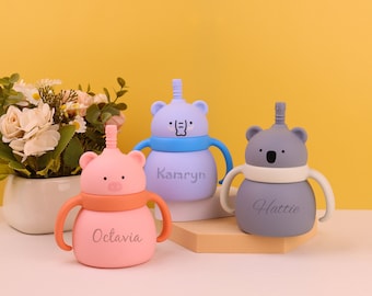 Custom Name Silicone Straw Cup for Baby,Toddler Mushroom tumbler with straw,Personalized Engraved Non-Spill Toddler Training Cup - 7 Ounces