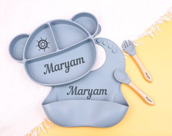 Personalised Silicone Weaning Set,Custom Baby Plate,Cartoon Weaning Set for Toddler Baby Kids,Feeding Set with Name,Baby Shower Gift