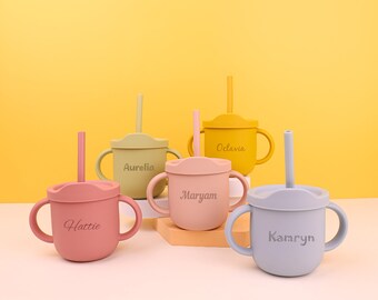 Custom Name Silicone Straw Cup for Baby,Toddler Mushroom tumbler with straw,Personalized Engraved Non-Spill Toddler Training Cup - 7 Ounces