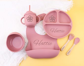 Personalized Baby Feeding Set with Name, Custom Silicone Weaning Set, Toddler Suction Plate, Baby Shower Gift