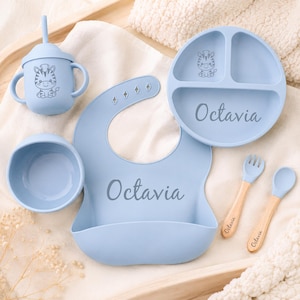 Baby Led Weaning Set: Personalized Silicone Suction Plate, Bib, Bowl, Straw Cup and Self-Feeding Utensils Starter Kit