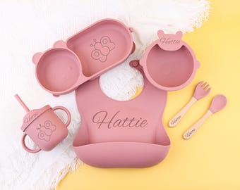 Set per lo svezzamento in silicone personalizzato, piatto per bambini personalizzato, set per lo svezzamento con cartoni animati per bambini piccoli, set per l'alimentazione con nome, regalo per baby shower