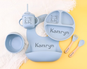 Baby Led Weaning Set mit Namen, personalisierte Silikon Baby Teller Schüssel Schüssel, individuelles Kleinkind Futtergeschenk