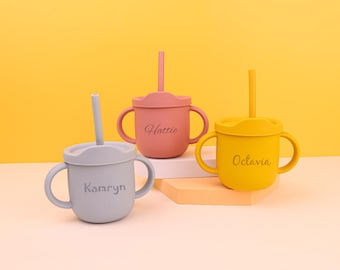 Custom Name Silicone Straw Cup for Baby,Toddler Mushroom tumbler with straw,Personalized Engraved Non-Spill Toddler Training Cup - 7 Ounces
