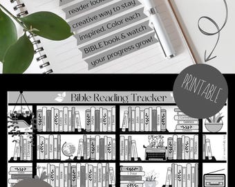 Bible Reading Tracker / Aesthetic Books of the Bible Reading Tracker / Printable Bible Reading Tracker Bookshelf Coloring Page / Digital