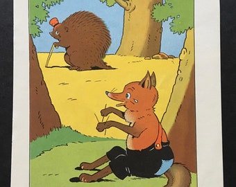 Harrison Cady Little Red Fox and Porcupine . vintage graphic illustration . book page . childrens room decor wall art . 1930s 1940s vintage