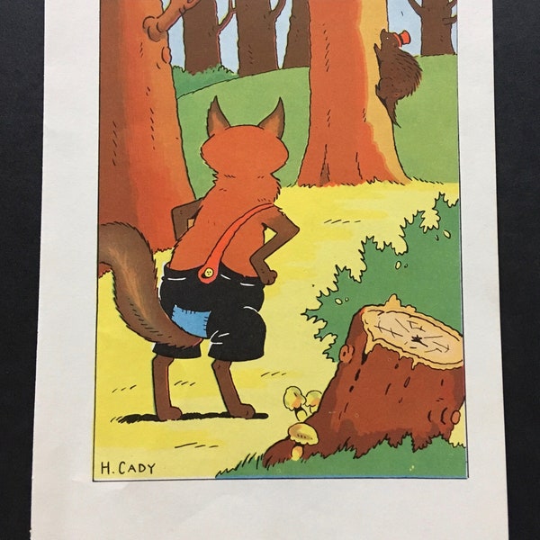 Harrison Cady Little Red Fox and Porcupine . vintage illustration print . book page . childrens room decor wall art . 1930s 1940s vintage