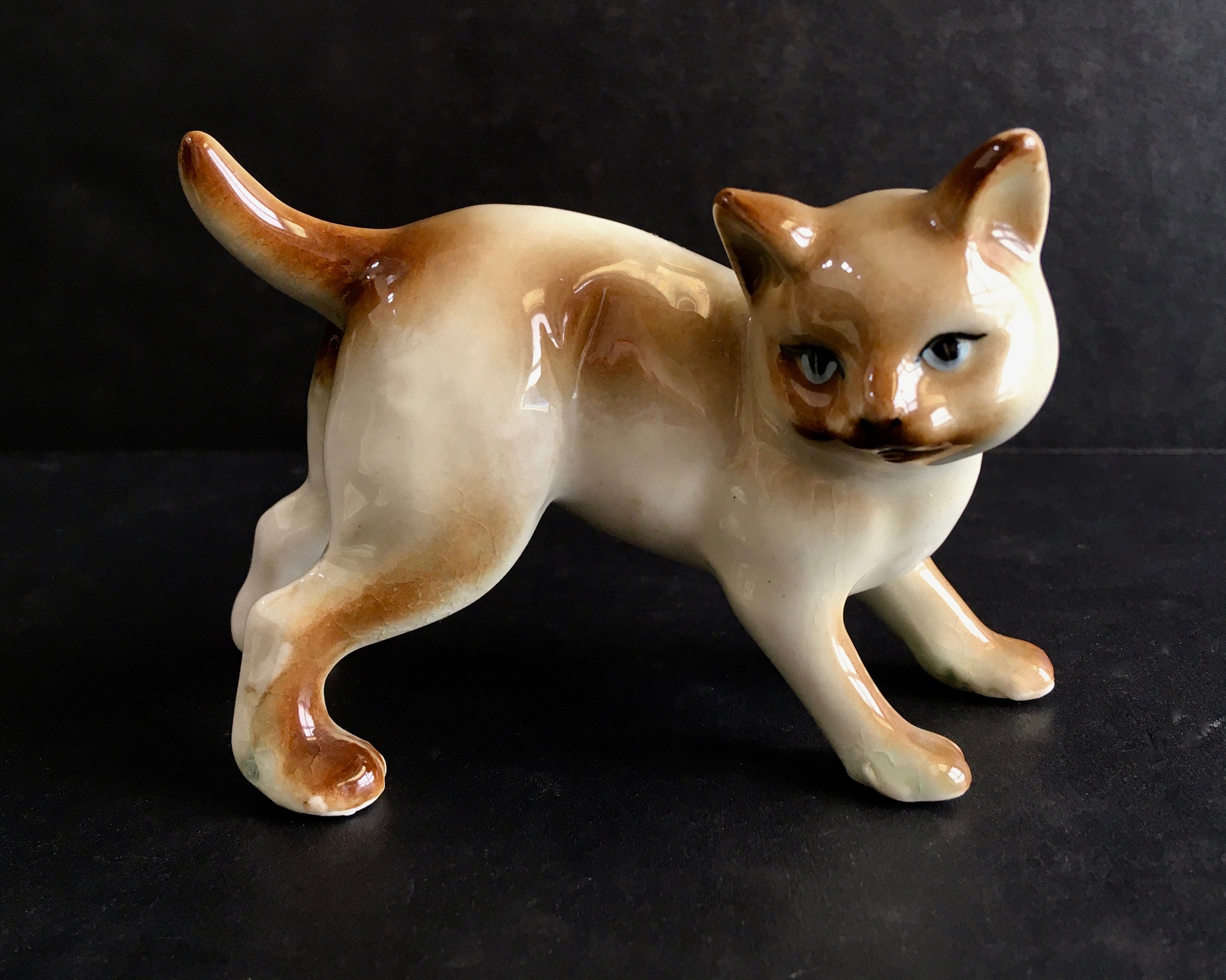 Ceramic Cat Beige Brown Vintage Cat 