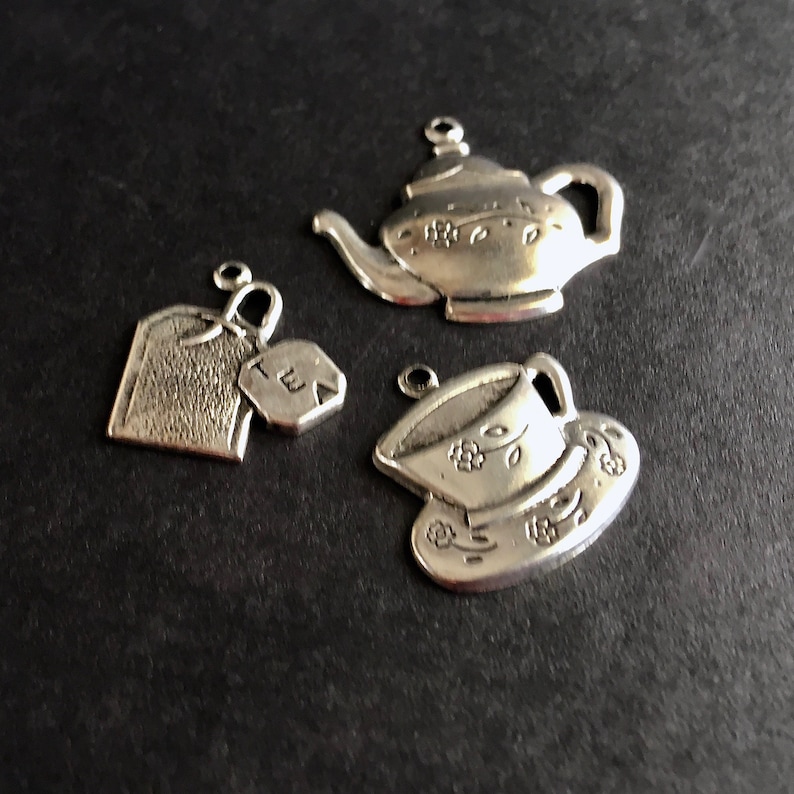 Lot of 3 Tea Charms Embellishments Pendants Jewelry Making Supplies DIY Craft Project Element Silver Toned Findings Teacup Teapot Teabag
