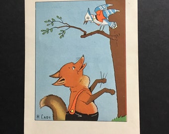 Little Red Fox and Bird . vintage illustration print . book page . childrens room decor wall art . Harrison Cady 1930s 1940s vintage