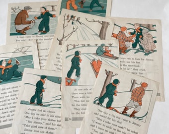 1940s ephemera pack . children's book illustrations . vintage graphics . collage art supply mixed media . children at play skiing skating