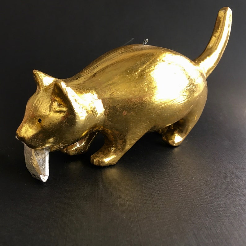 Cat /& Fish Christmas Ornament Gold Cat with Catch Holiday Decoration Fun Hand Carved Wood Tree Ornament made in Indonesia Fishing Cat