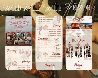 Plantilla de itinerario para despedida de soltera "Wild Wild Wife", itinerario editable en Canva, fin de semana de novia al estilo western en Austin.