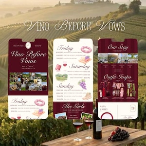 Puede incluir: Imagen promocional para un fin de semana de despedida de soltera en Napa Valley, California, con el texto "Vino Before Vows". La imagen presenta tres gráficos con forma de smartphone con detalles del evento, copas de vino, una botella de vino y uvas.