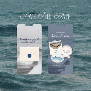 Peut inclure: Annonce numérique de type "save the date" sur le thème nautique. La conception présente deux cartes en forme de smartphone sur fond d'ondes océaniques. Une carte comporte une enveloppe avec le texte "open me!" et l'autre la date "16 juin 2026".