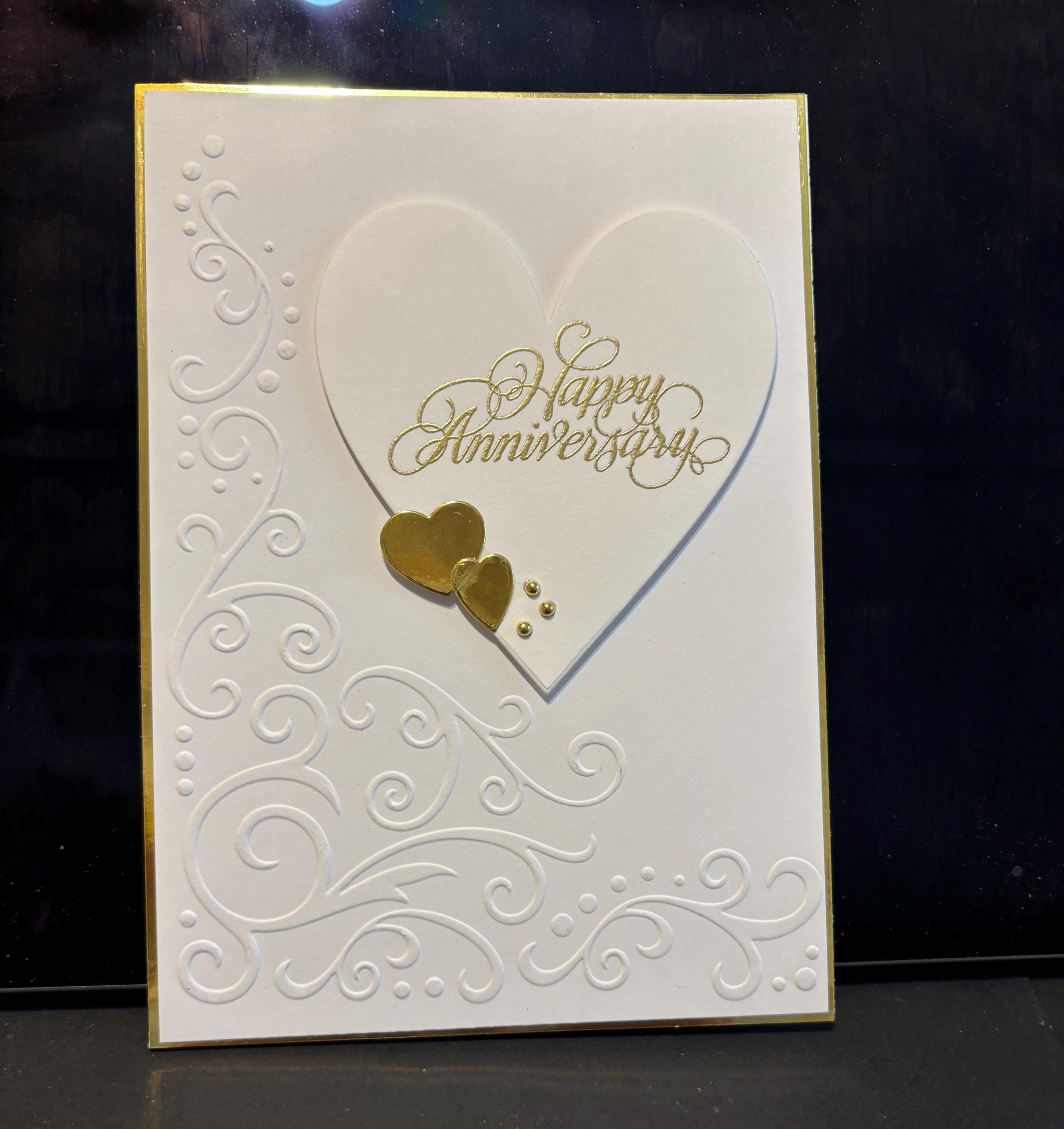 Handmade Gold Foil Anniversary Card: Embossed White Scroll Design ...