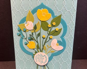 Handmade Floral Birthday Card: Aqua & Yellow Die Cut Flowers