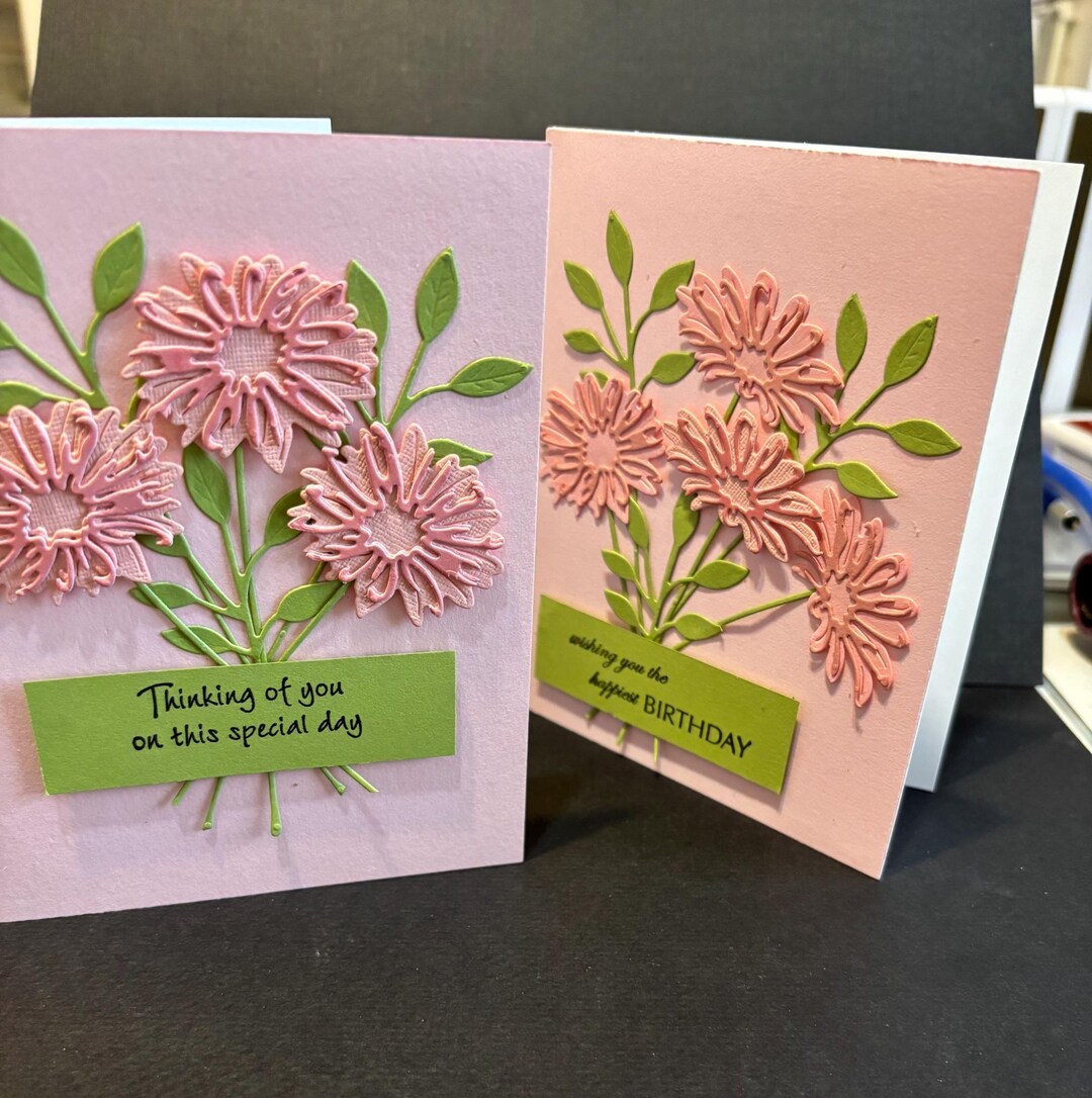 Handmade Floral Die Cut Greeting Card Set: Pink & Green Daisies - Etsy