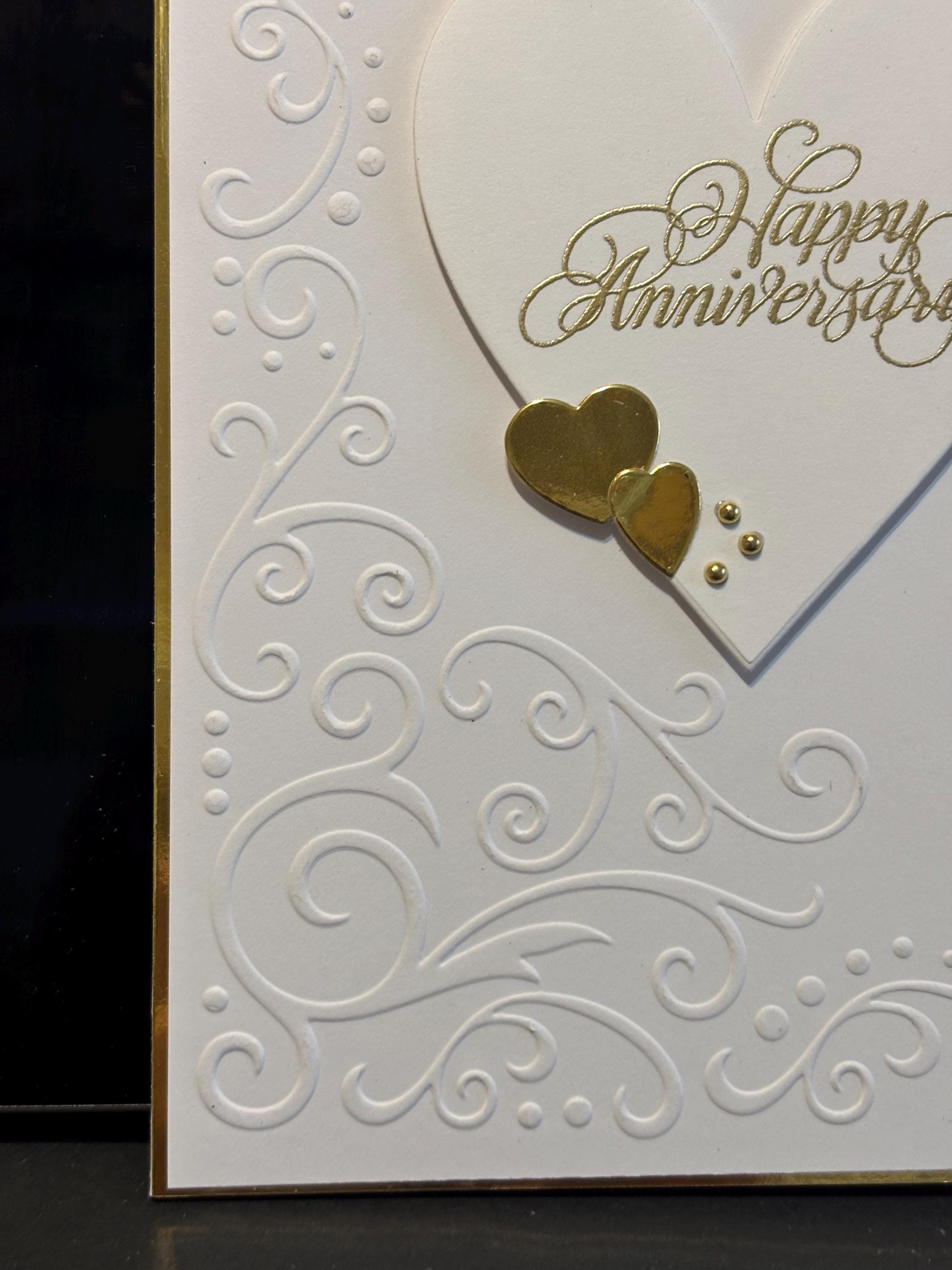 Handmade Gold Foil Anniversary Card: Embossed White Scroll Design ...
