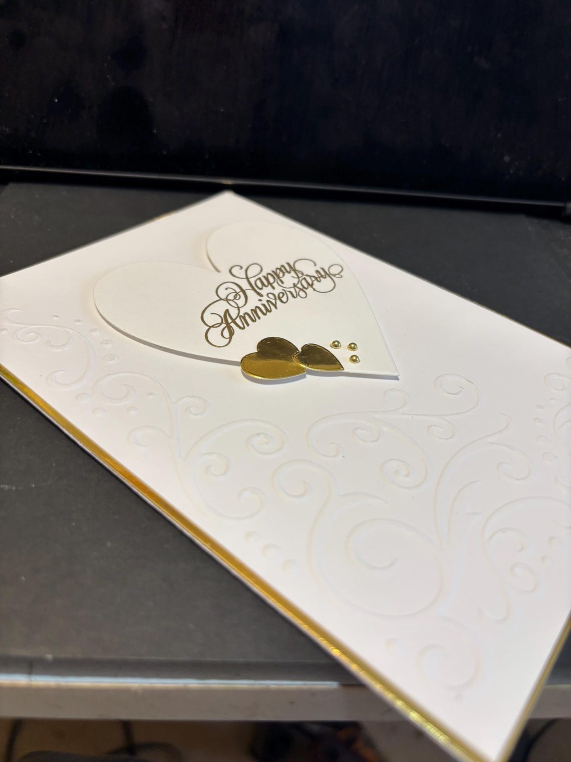 Handmade Gold Foil Anniversary Card: Embossed White Scroll Design ...