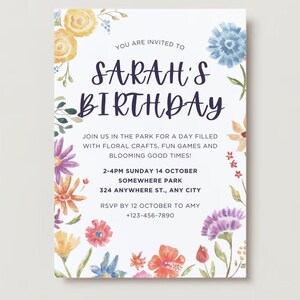 Colorful Floral Kids Birthday Invitation: Single sided, Printable PDF