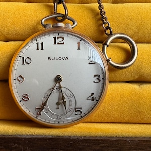 Bulova Vintage Gold Tone Pocket Watch with Original Chain