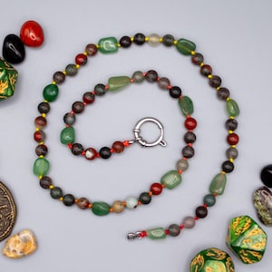 Knotted Gemstone Necklace in DRAGONSTONE: Bloodstone & Aventurine Unisex Jewelry, Silver Mariner Clasp