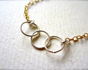 Trio Necklace - classic interlocking three circle trinity necklace in gold, silver, rose gold, and mixed metals