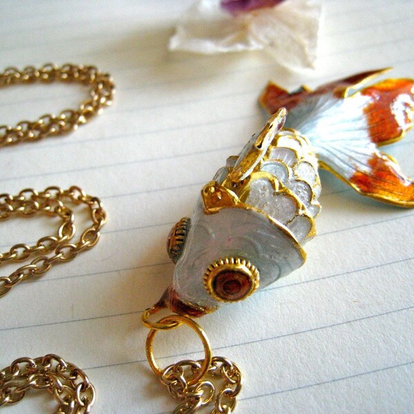 koi pond necklace - upcycled cloisonne koi fish and long gold rolo chain
