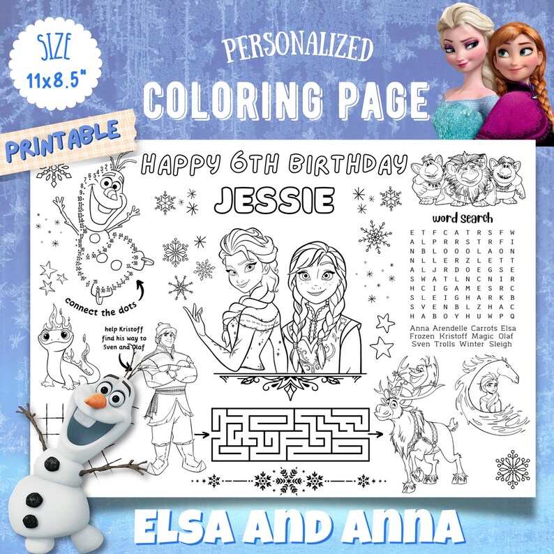 Frozen Birthday Coloring Page, Frozen Party Favors, Placemat, Frozen ...