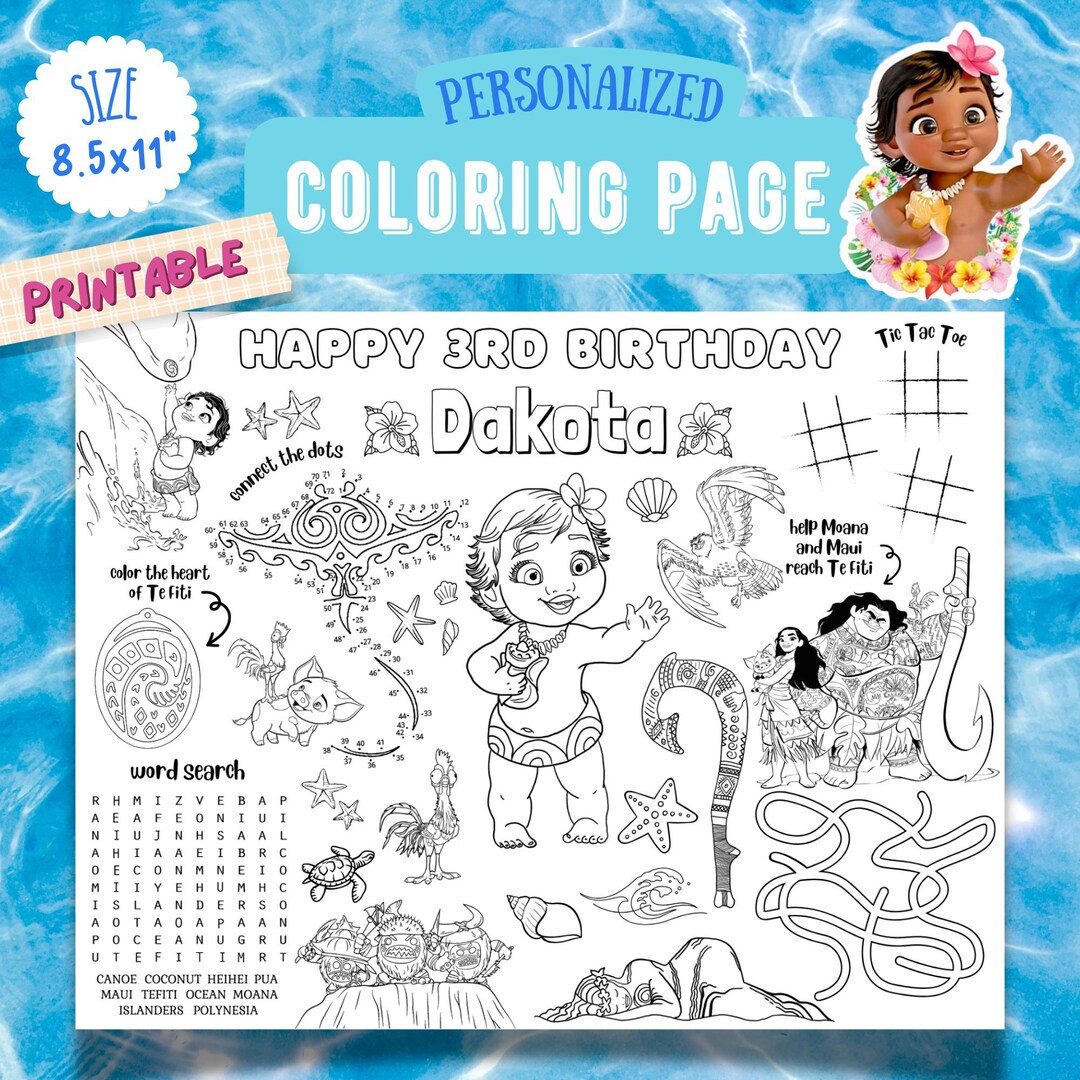 Baby Moana Birthday Coloring Page, Moana Placemat, Moana Party Favors ...