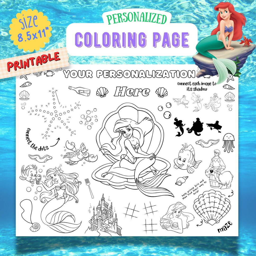 Little Mermaid Birthday Coloring Page, Little Mermaid Placemat, Ariel ...