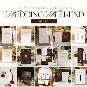May include: A collection of wedding stationery and signage in brown and cream, featuring various cards, menus, table numbers, and welcome signs with elegant typography. The set includes items labeled for unplugged ceremonies, cards, gifts, and signature cocktails.