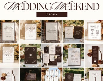 May include: A collection of wedding stationery and signage in brown and cream, featuring various cards, menus, table numbers, and welcome signs with elegant typography. The set includes items labeled for unplugged ceremonies, cards, gifts, and signature cocktails.