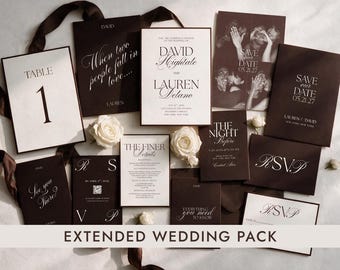 May include: A collection of wedding stationery in dark brown and white, featuring cards with text such as Table 1, When two people fall in love, David and Lauren, Save our date 05.21.27, The Night Before, The Finer Details, RSVP, and See you there.