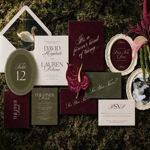 Burgundy Olive Green Wedding Invitation Suite Botanical Wedding Template Wine Red Calla Lily Invitation Black Tie Wedding Editable