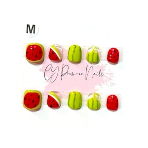KIDS NAILS Summer Watermelon Cute Cartoon Red Green Handpainting Salon-quality Reusable Handmade Press-on Nails Free Tool Kit
