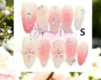 3D Pink Flower Bloom with Butterfly Vacation Nails All Use Premium Fake Nails Medium Almond Salon-quality Reusable Handmade Press-on Nail
