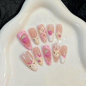 Rilakkuma and Strawberry Cute Pink Cartoon Bear Long Almond Salon-quality Reusable Handmade Press-on Nails with Free Glue Tool Kit
