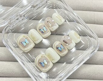 Baroque Blue Butterflies Extra Short Square Nails Work-friendly Handmade Premium Salon-quality Reusable Press-on Nails DIY Nails Easy Apply