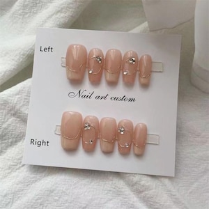 French Tips Crystals Neutral Color Nails Daily Wear Nails Simple Short Coffin Nails Salon-quality Reusable Nails Handmade Press-on Nails