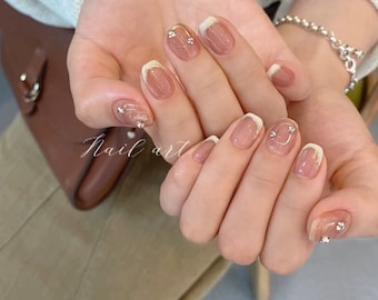 French Tips Nails with crystals diamonds Short Square Press-on Nails Reusable Handmade Premium Salon-quality Nails