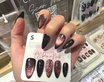 Black Pink Rose Cat Eye Glamorous Medium Almond Salon-quality Reusable Handmade Press-on Nails
