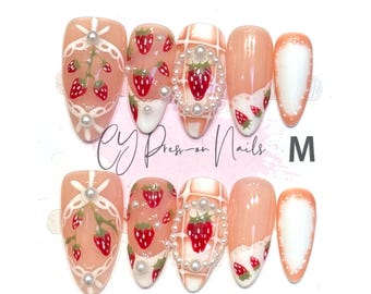 Pink Strawberry Cake with Pearl Bows Cute Birthday Nails Premium Fake Nails Medium Almond Salon-quality Reusable Handmade Press-on Nails