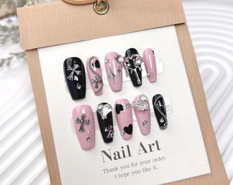Black Pink 3D Hand painting Y2k Stars and Chrome Hearts Premium Salon-quality Reusable Handmade Press-on Nails | Free Glue