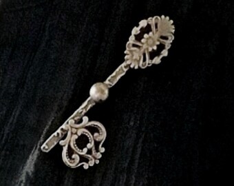 Large Key Pin, old silver plated, Victorian Revival, unisex