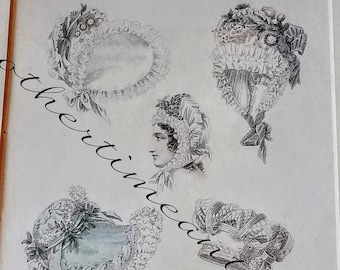 1821 Ackermann Regency Head Dresses,  No.65, 19th C womens hats, fashion history original period art to frame